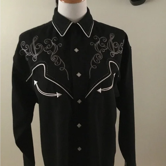 Panhandler Slim Western Wear Black Embroidered Pearl Diamond Snap Button Shirt - Picture 6 of 14